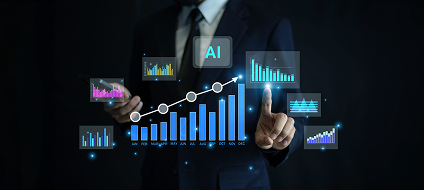 AI analytics charts projected above a businessman reviewing market trends