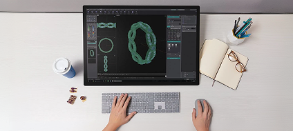 A jewellery design workstation showing a ring rendered on screen